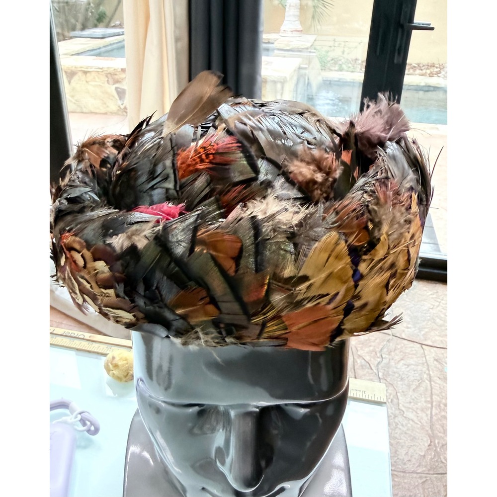 Vintage Multicolor Feather Toque Pillbox Hat Brown Rust Pink